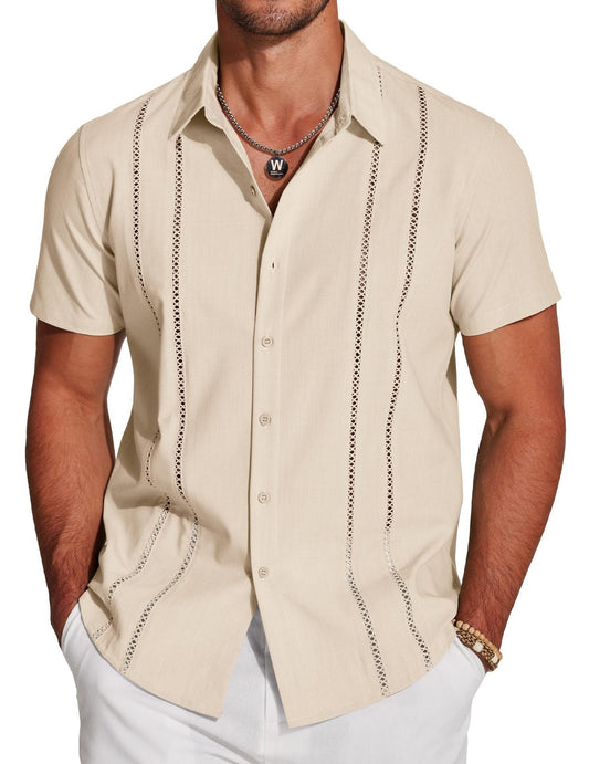 Men's Cuba Guayabera Exquisite Hollow Embroidered Button Front Shirt