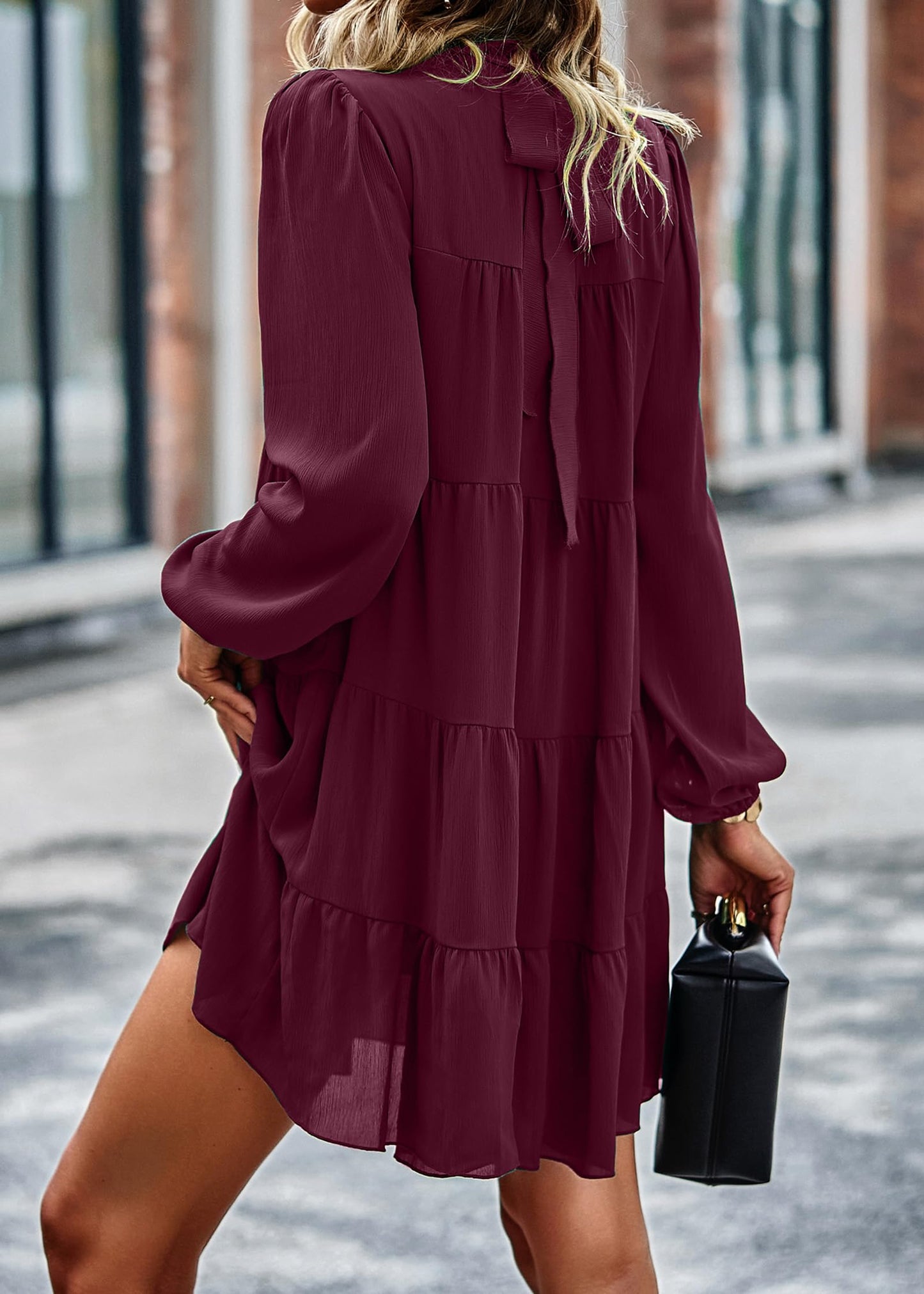 Womens Casual Long Sleeve Mock Neck Ruffle Tiered Babydoll Dress