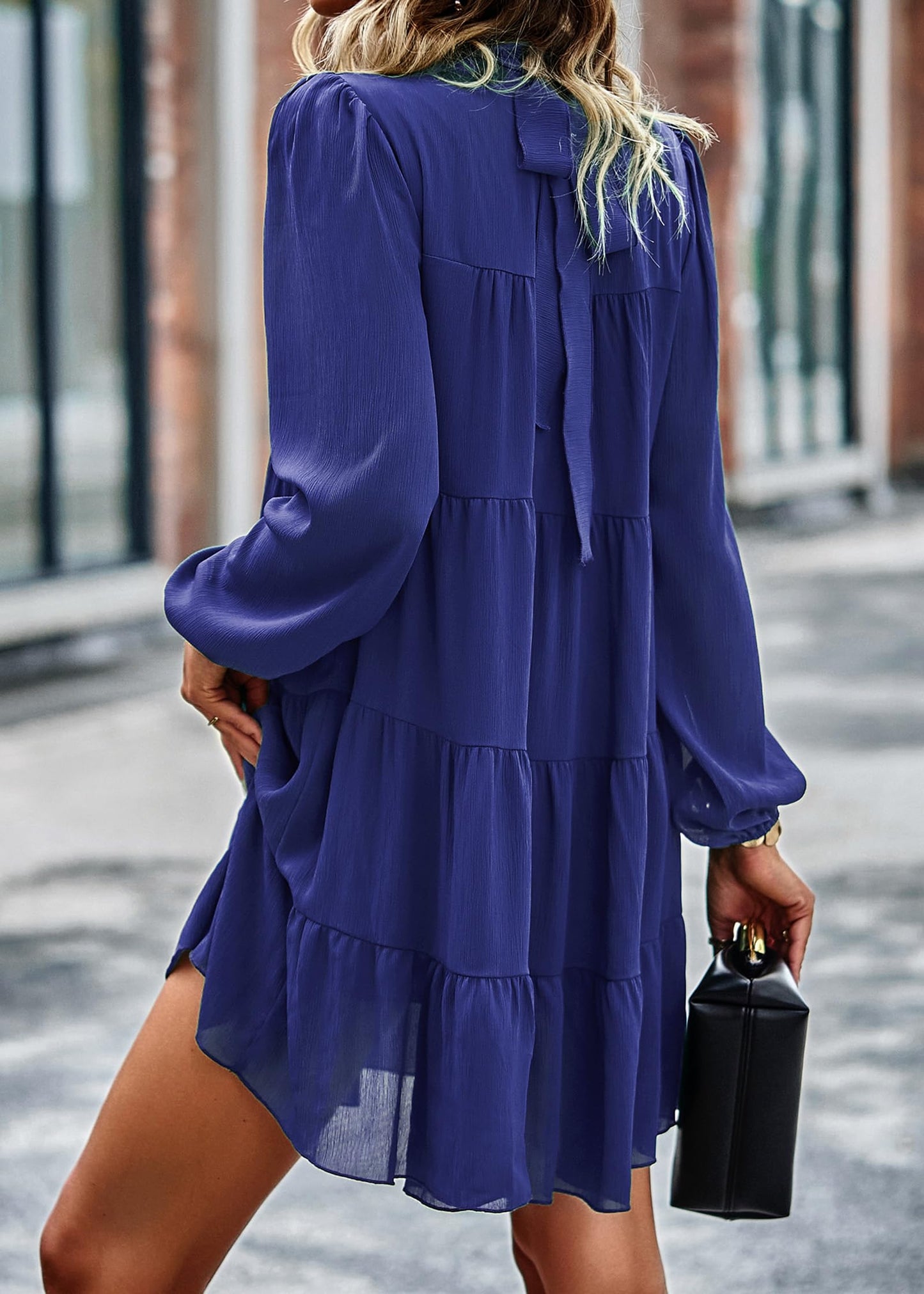 Womens Casual Long Sleeve Mock Neck Ruffle Tiered Babydoll Dress