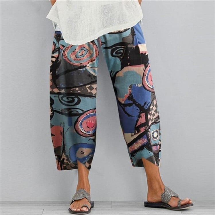 Women Printed Cotton Linen Wide Leg Drawstring Waist Capris Crop Pants