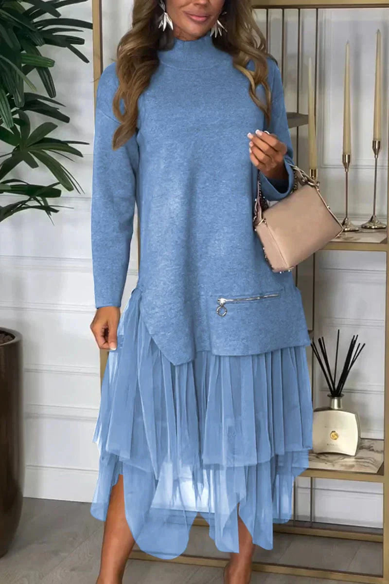 🔥Women's Casual Solid Color Mesh Patchwork Dress