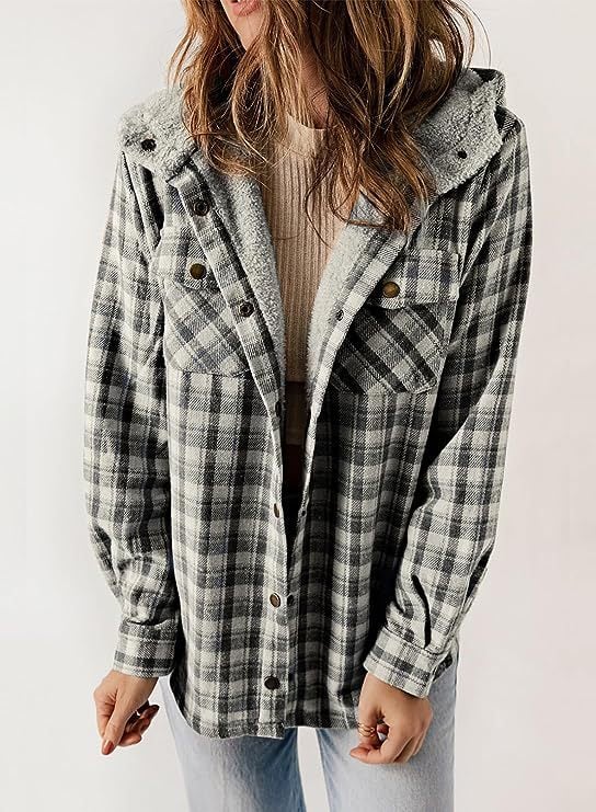 Women's Autumn/Winter Plaid Jacket Long Sleeve Buckle Wool Hooded Jacket Warm Coat