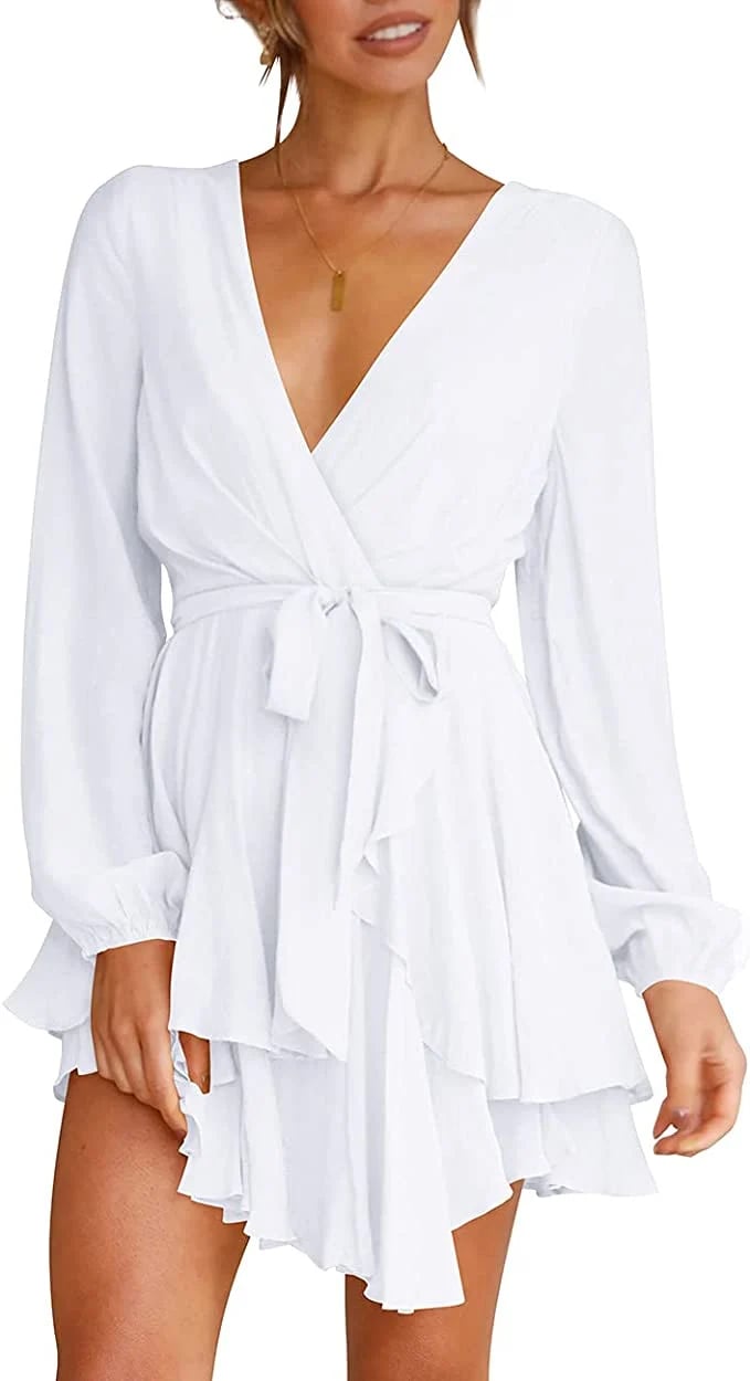 🔥V-Neck Waist Tie Ruffle Mini Swing Skater Dresses❤️