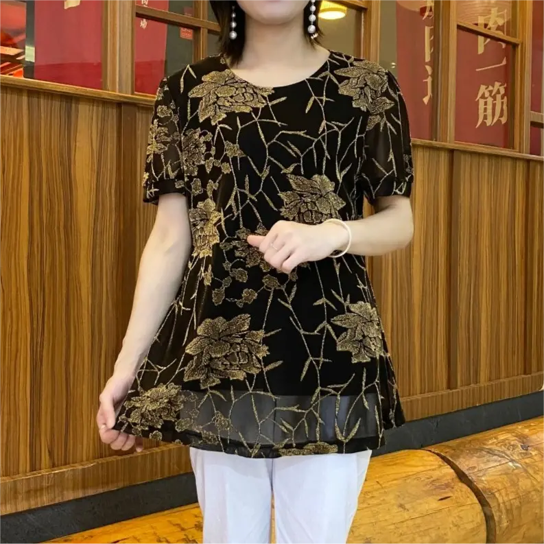 fashionable floral chiffon shirt with embroidered flowers