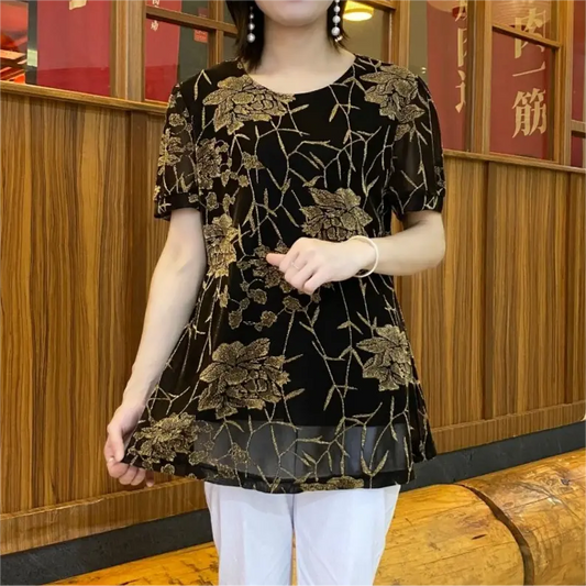 fashionable floral chiffon shirt with embroidered flowers