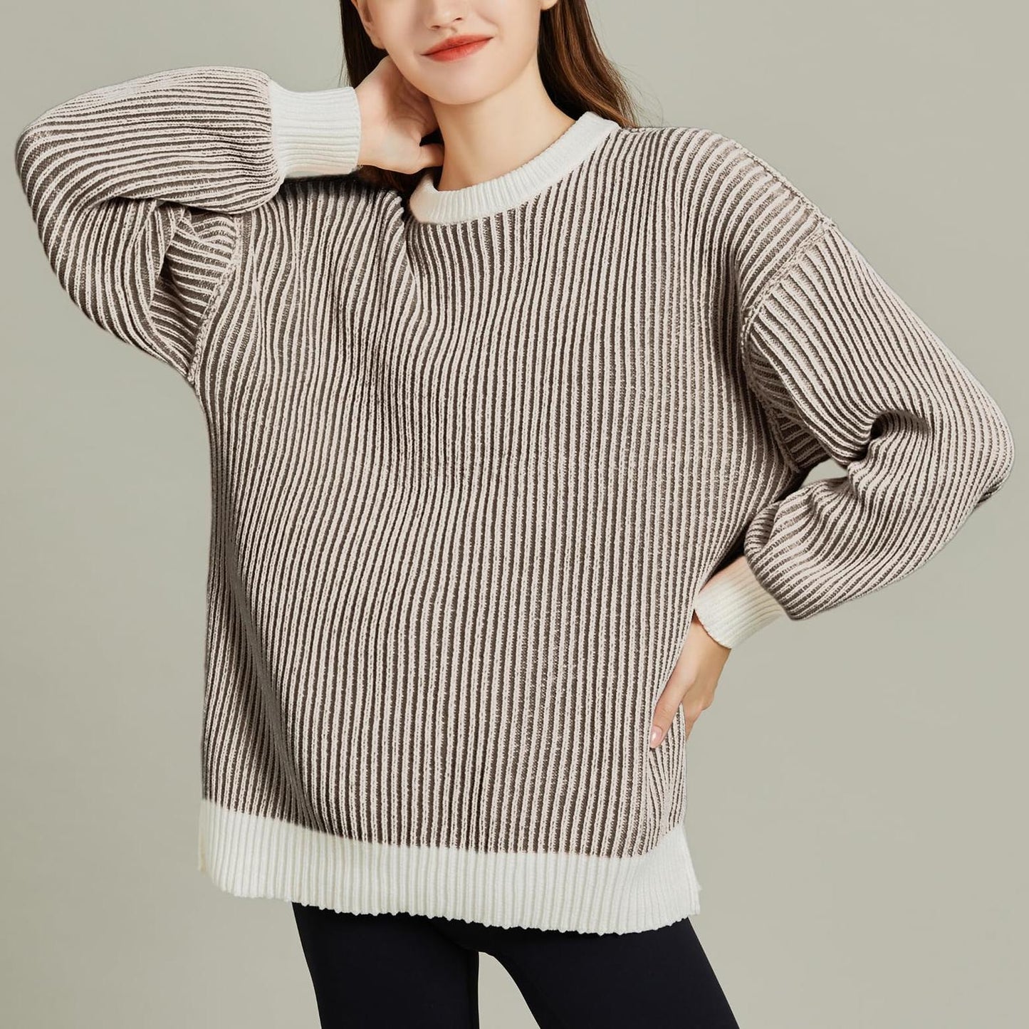 Women Striped Round Neck Rib Knit Blouse Sweater