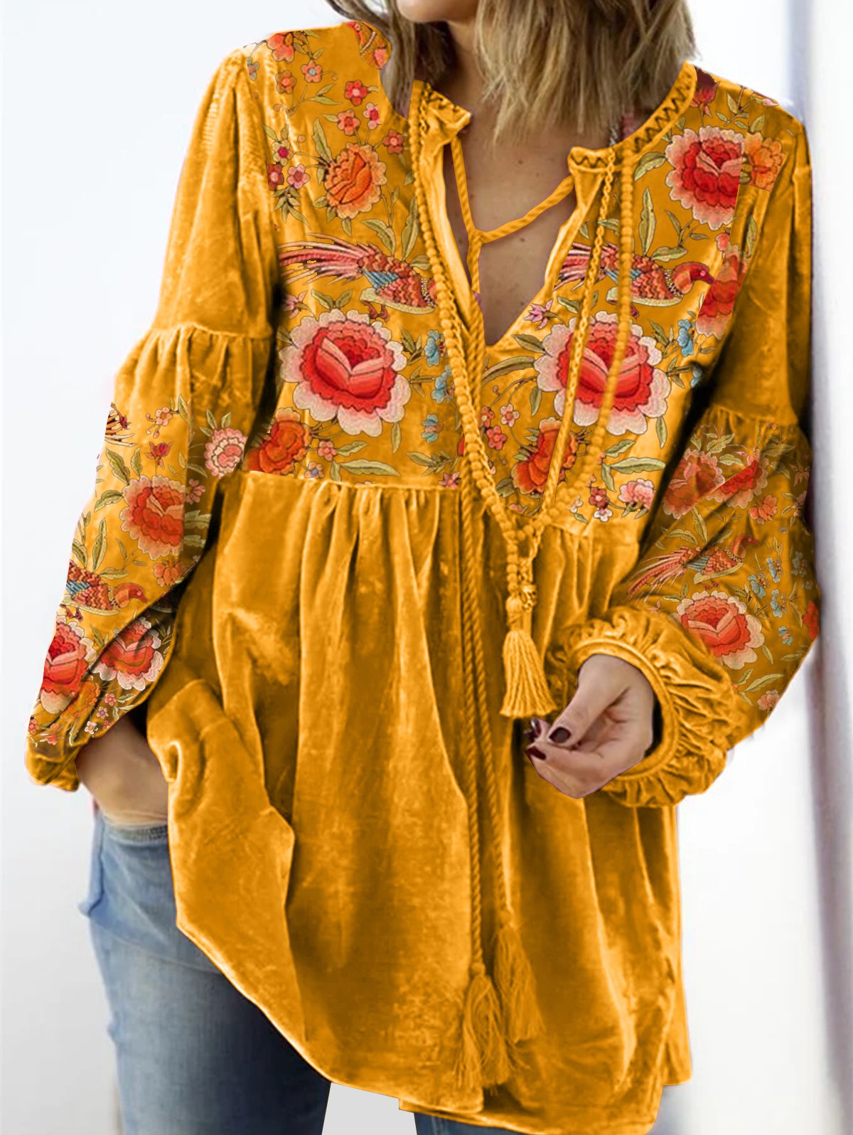 🎁Hot sale🔥V Neck Tie Front Gathered Floral Top