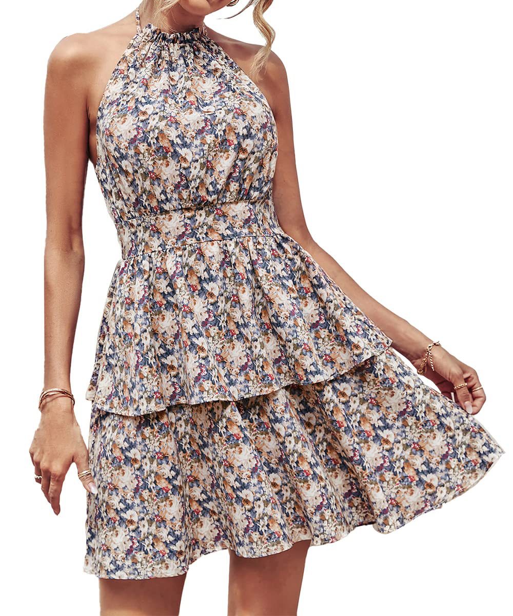 Summer Floral Halter Dress with Ruffle Details and Backless Design