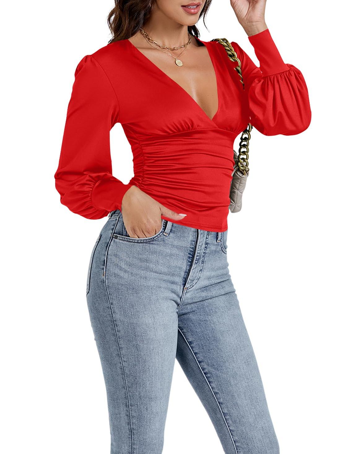 Women V-Neck Elegant Long Sleeve  Slim Top Blouse