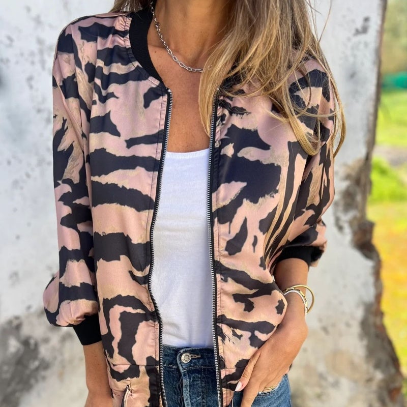 🌸 Women's Fall Zebra Print Zipper Bomber Jacket