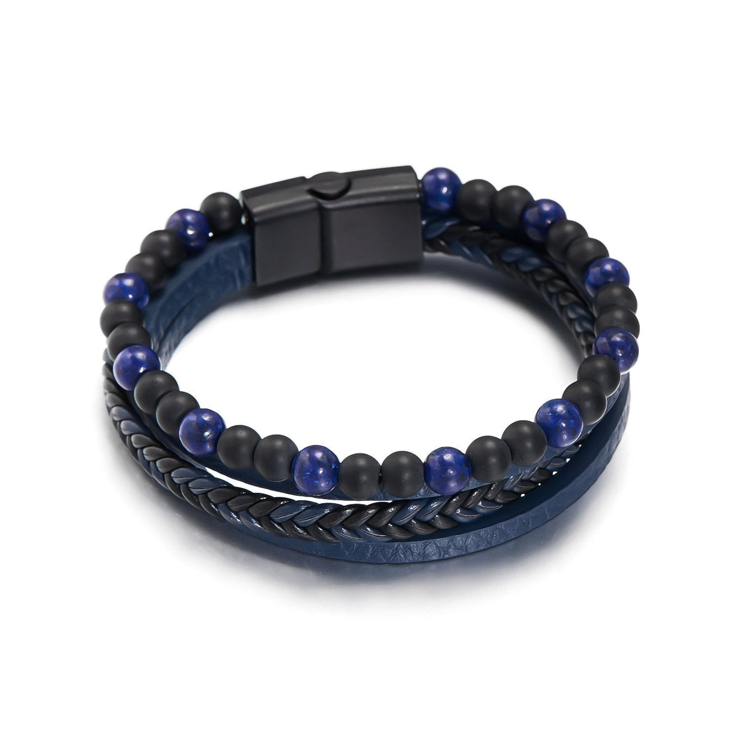 Natural Stone Obsidian Magnetic Buckle Men's Leather Bracelet-3 styles