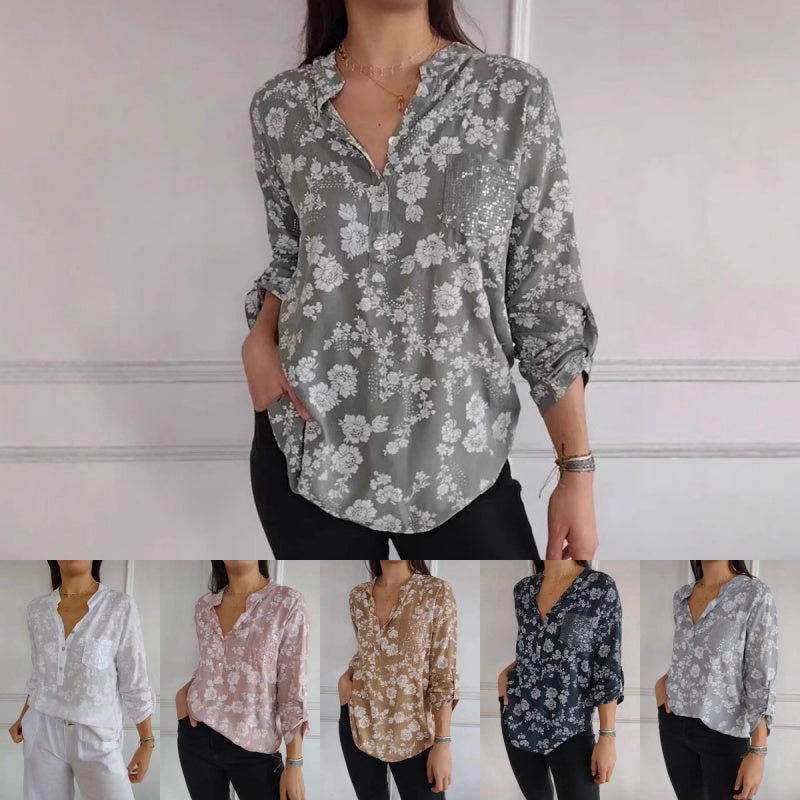 🌸 Women's Floral Print Long Sleeve Blouse with Sequin Pocket