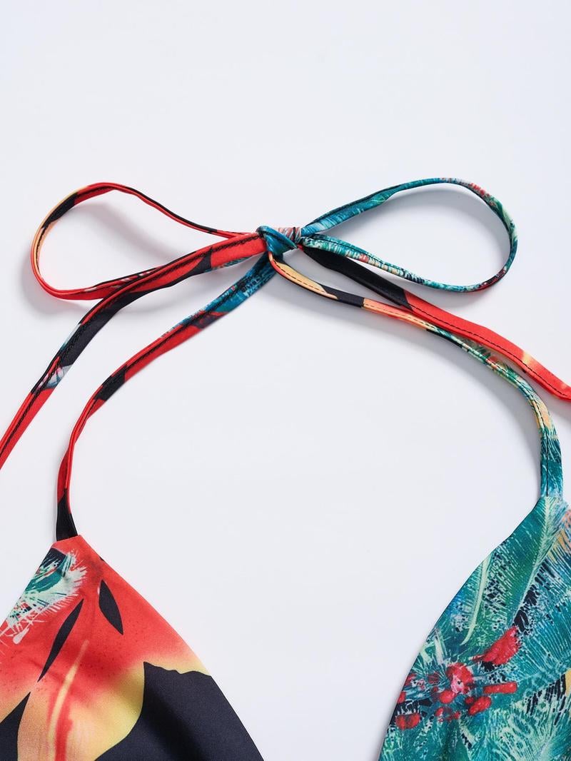 Women's Floral Print Chain Decor Split Thigh Tie Back Cami Dress