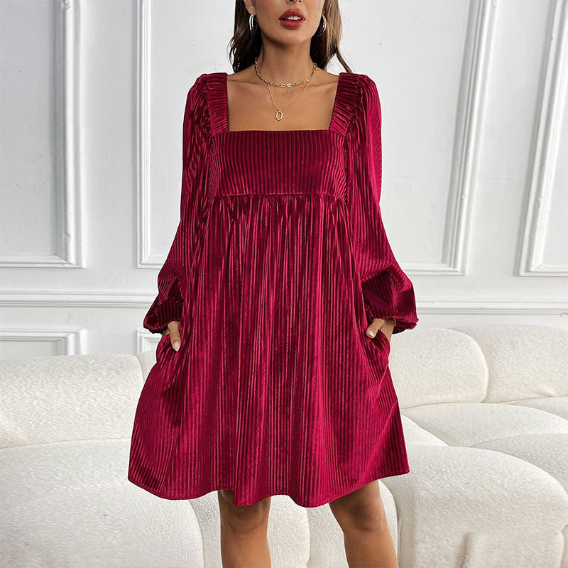 🎄Women's Square Neck Velvet Babydoll Dresses with Tie-Back