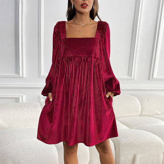 🎄Women's Square Neck Velvet Babydoll Dresses with Tie-Back