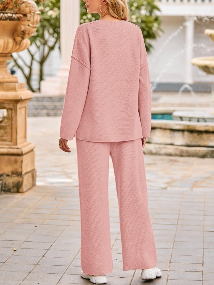 Women's Long Sleeve Button Knit Pullover Sweater and Pants Lounge 2 Piece Outfit Sets