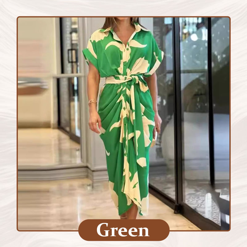 🔥Printed Waist Cinching Shirt Dress