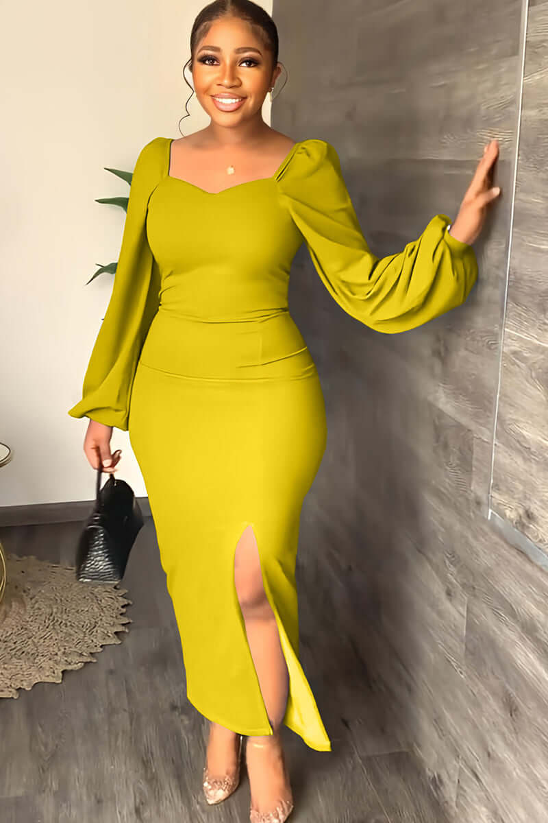 Long Sleeve Square Neck Slit Maxi Dresses Lady's Wardrobe Essentials