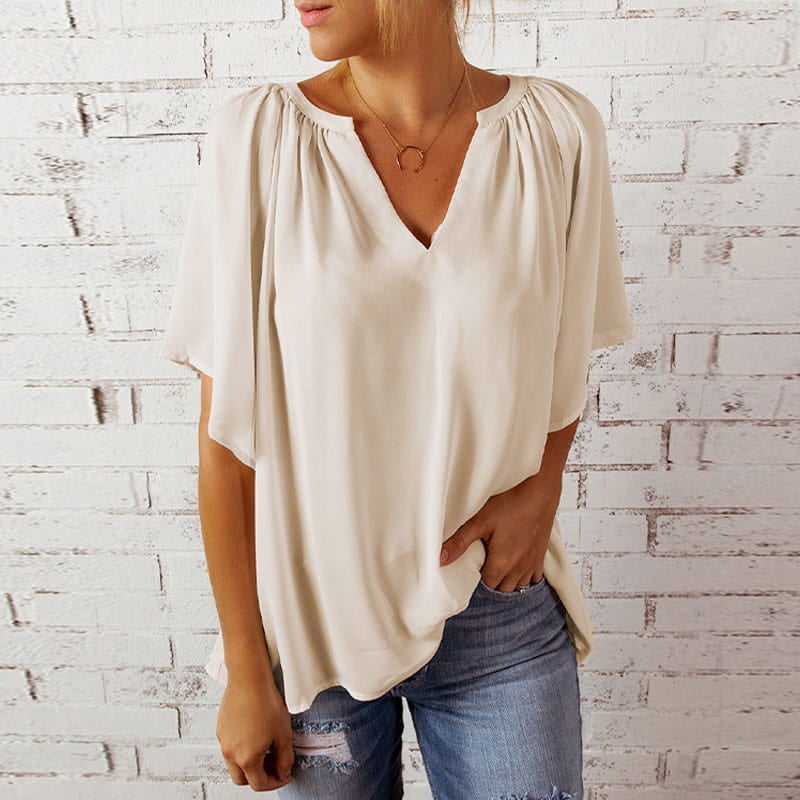 💖Summer top for women with batwing sleeves and V-neck, solid color