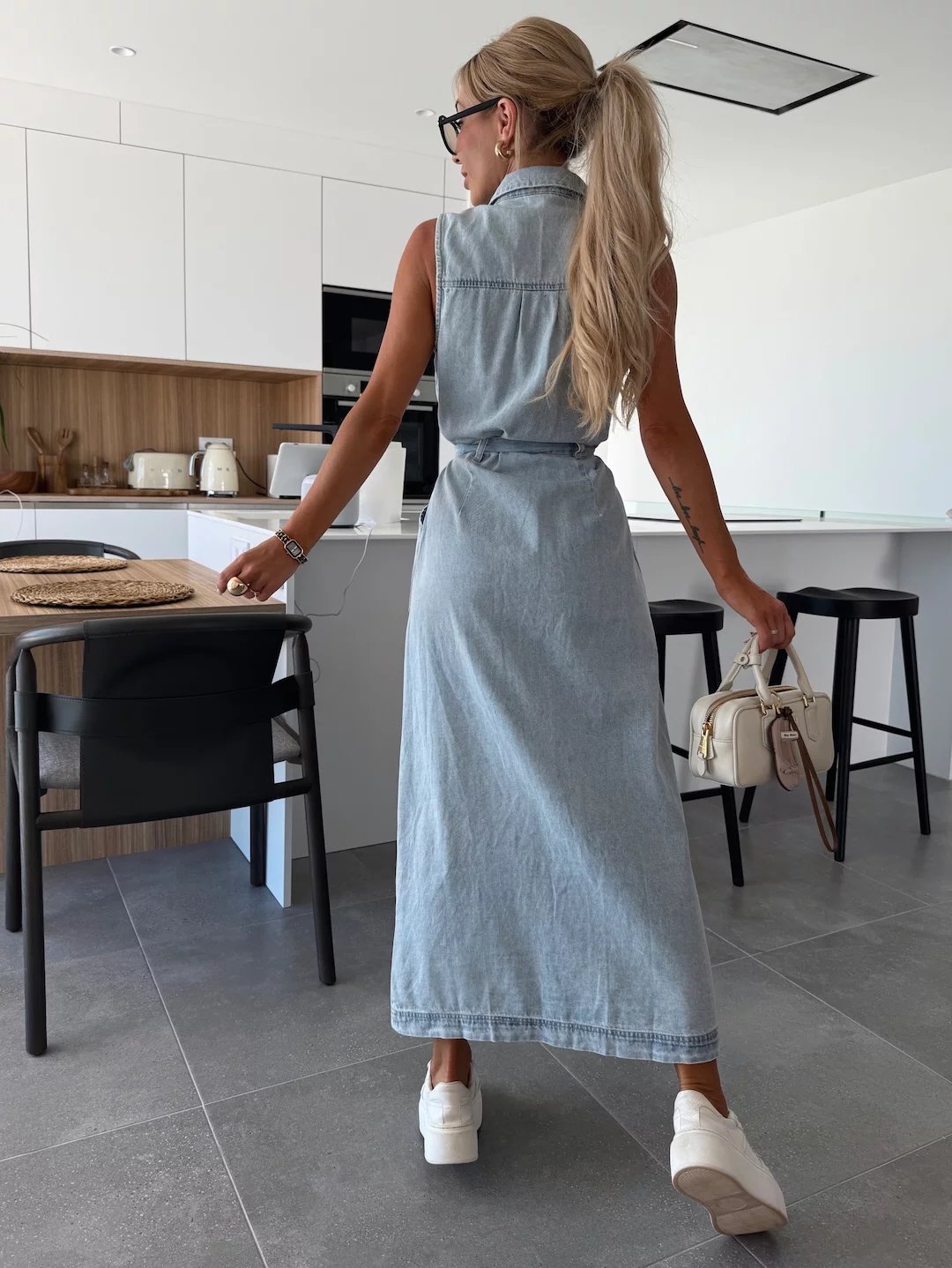Solid Button Pocket Denim Dress