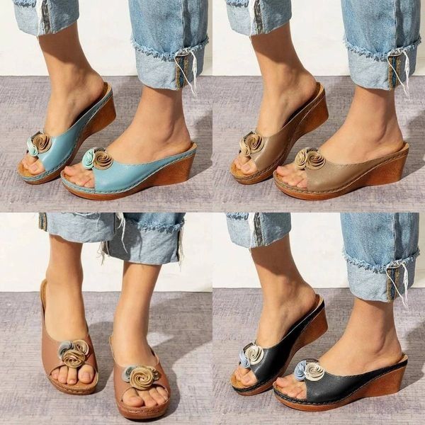 Women's Comfy Leather Solid Flower Strap Wedge Sandals