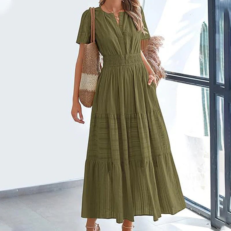 🌷Women's Casual Spring Short Sleeve V Neck Maxi Dress