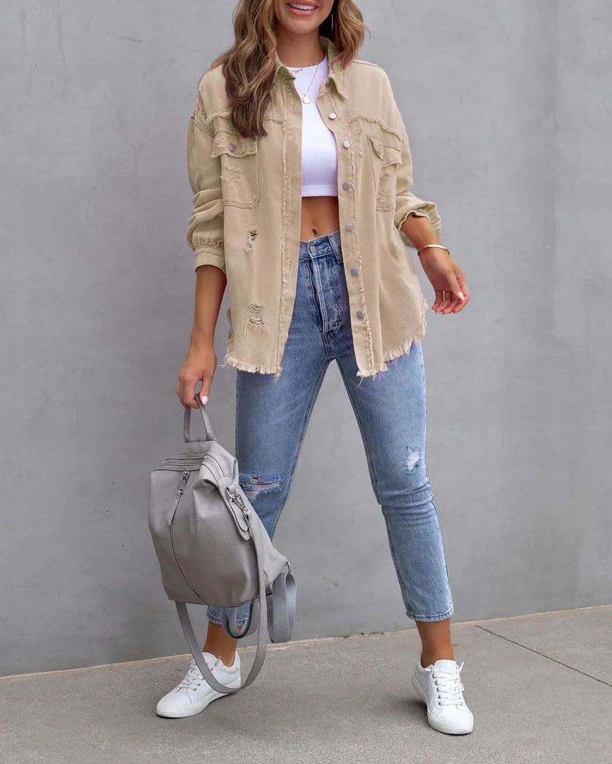 Women's Basic Casual Ripped Denim Jacket