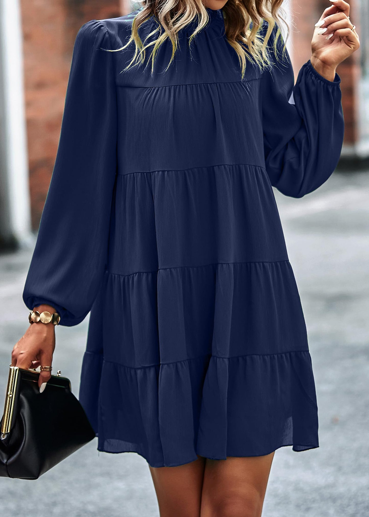 Womens Casual Long Sleeve Mock Neck Ruffle Tiered Babydoll Dress