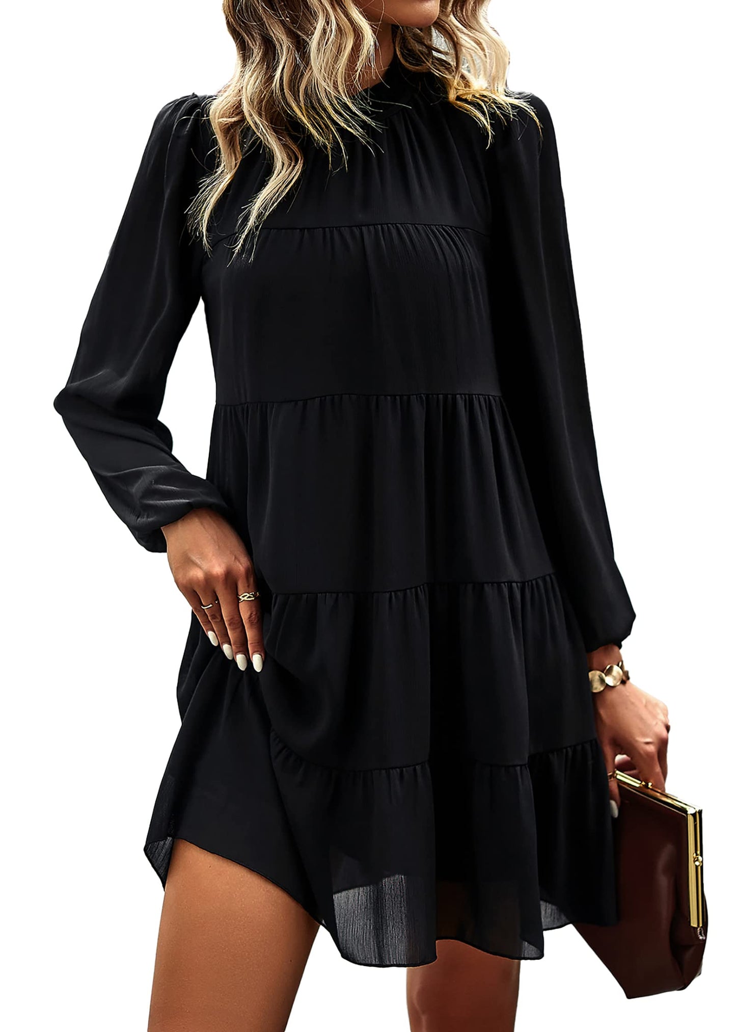 Womens Casual Long Sleeve Mock Neck Ruffle Tiered Babydoll Dress