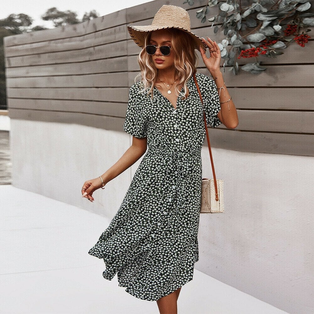 Floral Print Lapel Button Knotted Short Sleeve Dress