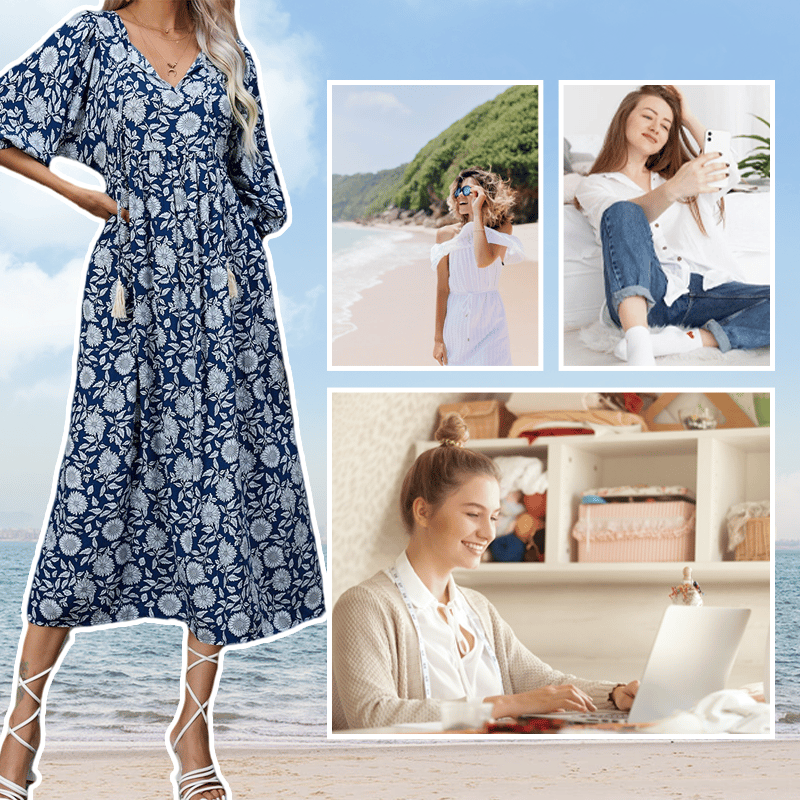 🌸Women's elegant long dress with floral print and V-neck