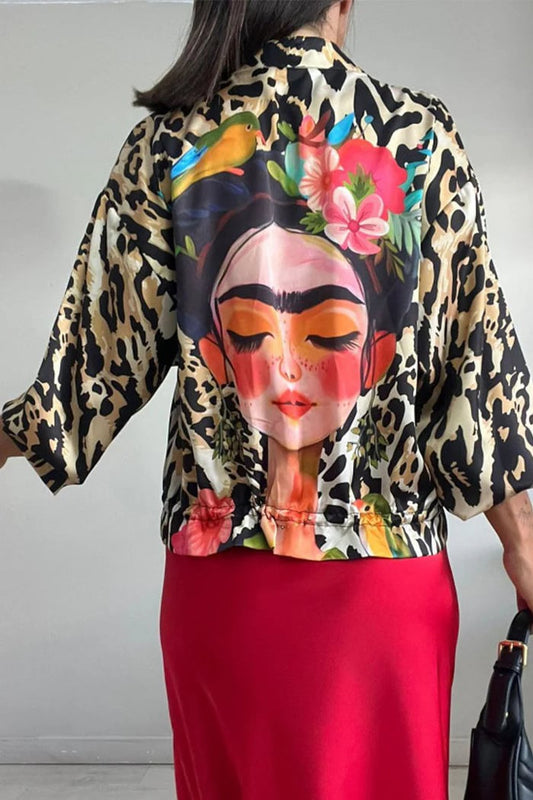 Leopard Unique Print Zipper Drawstring Hem Bomber Jacket