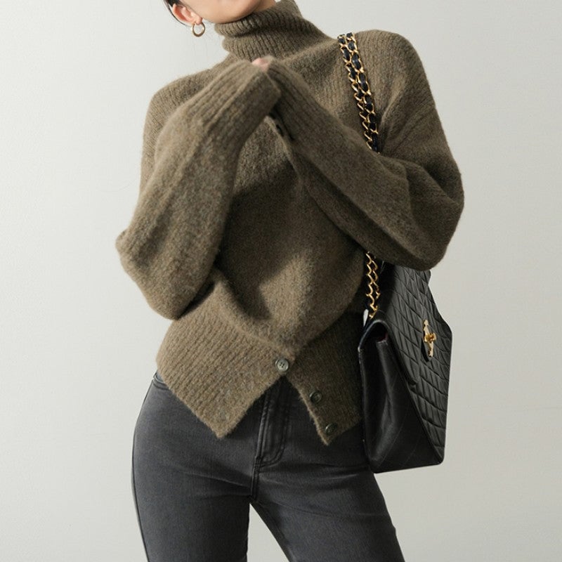 Women's Solid Color Turtleneck Sweater with Buttons