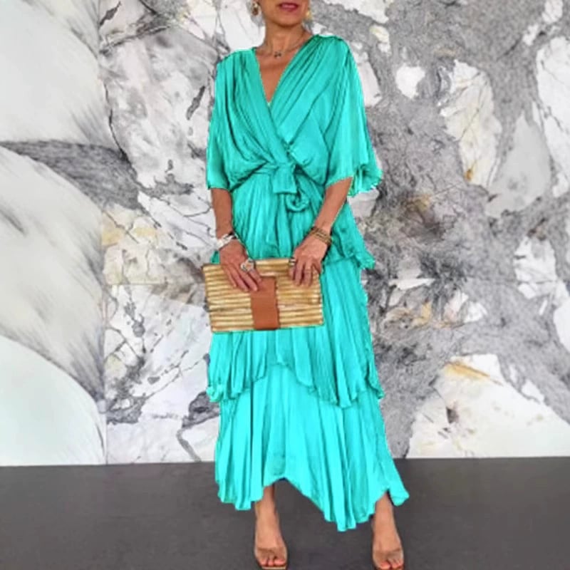 💐 Elegant layered dress with V-neckline, wrap around waist and tie