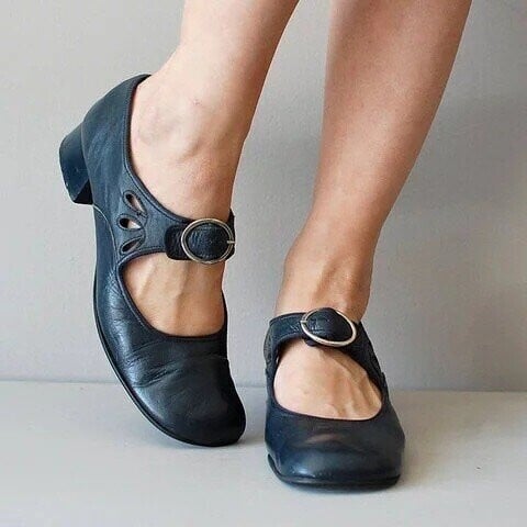 Mary Jane leather comfortable low heeled buckle strap shoes