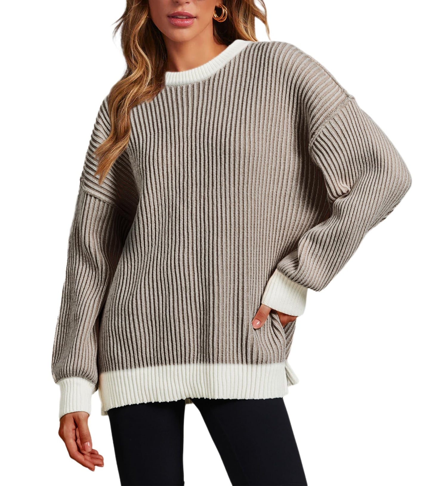 Women Striped Round Neck Rib Knit Blouse Sweater