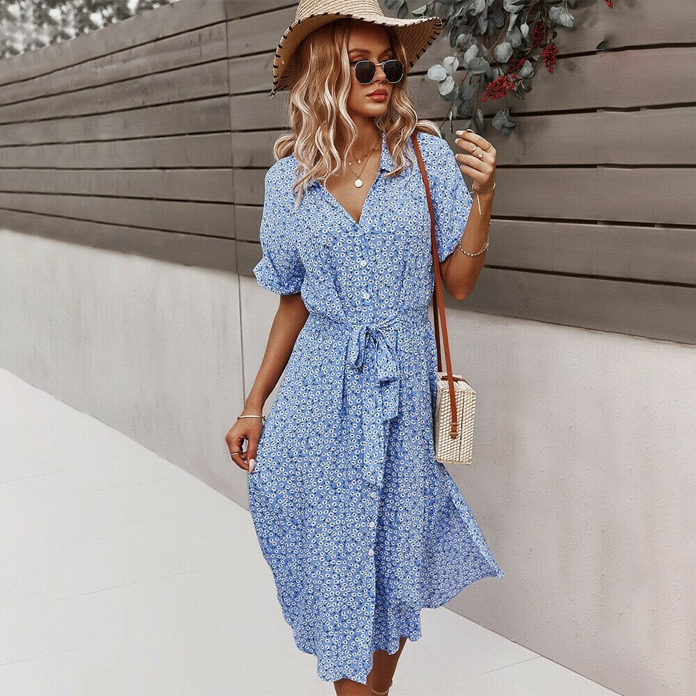 Floral Print Lapel Button Knotted Short Sleeve Dress
