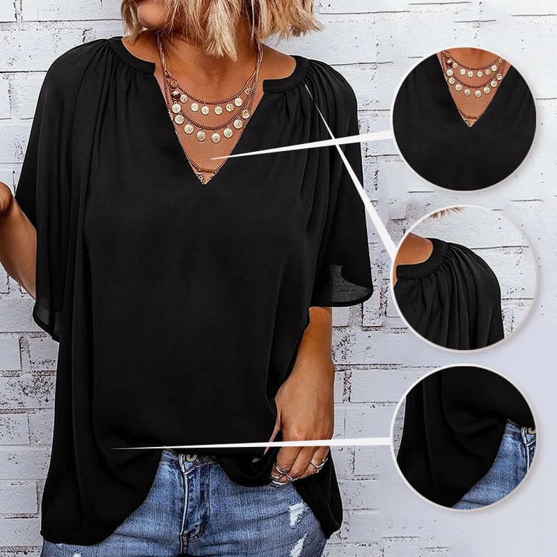 💖Summer top for women with batwing sleeves and V-neck, solid color