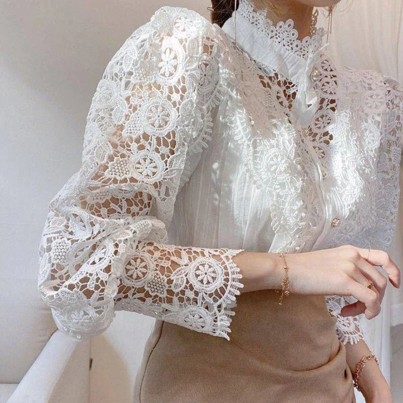 Hollow Floral High Neck Blouse