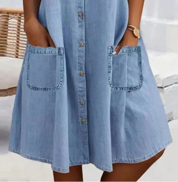 ⏳Blue Plain Collared Lace Trim Denim MIni Dress