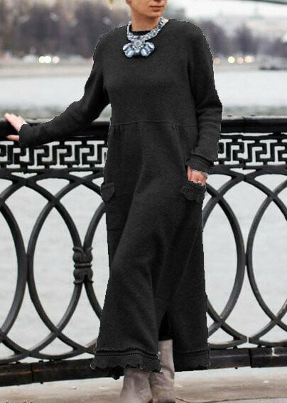 round neck pullover lace loose knitted long dress