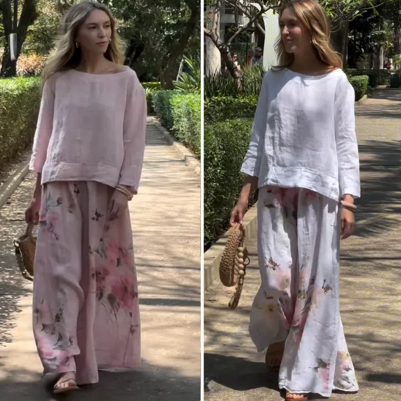 🌸 Solid Tops & Floral Wide-Leg Pants (2-Piece Set)