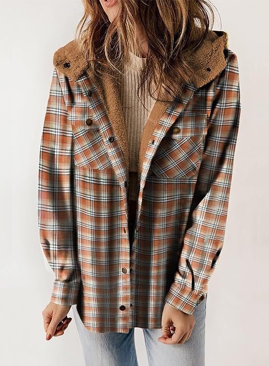 Women's Autumn/Winter Plaid Jacket Long Sleeve Buckle Wool Hooded Jacket Warm Coat