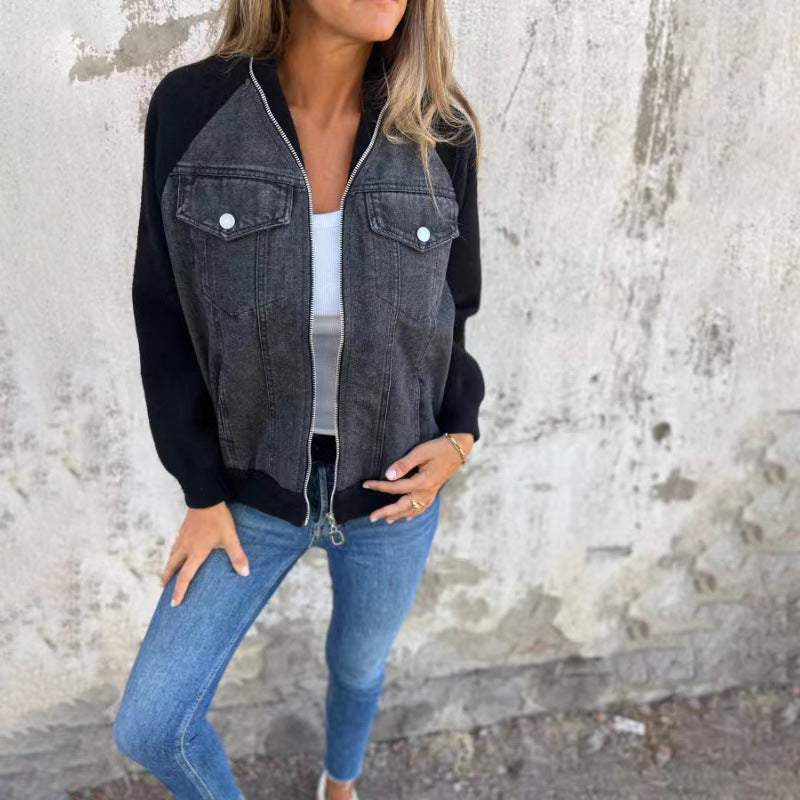 Stylish Denim Splicing Jacket Casual Coat