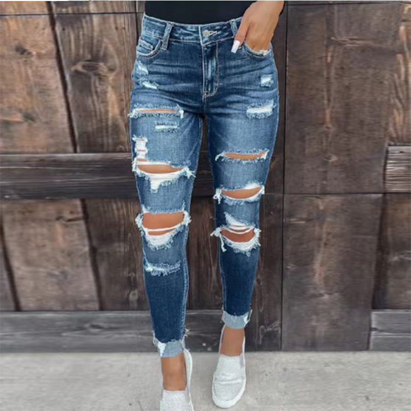 Ripped Rolled Hem Mid Waist Skinny Jeans