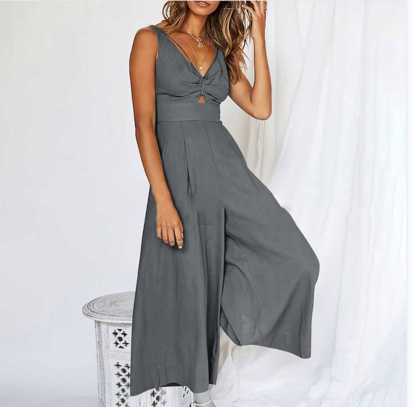 V Neck Cutout High-Waist Jumpsuits