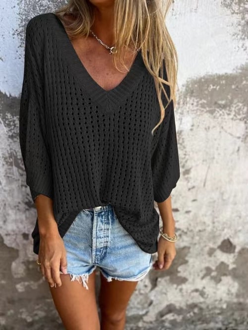 Hollow V-Neck Knitted Top