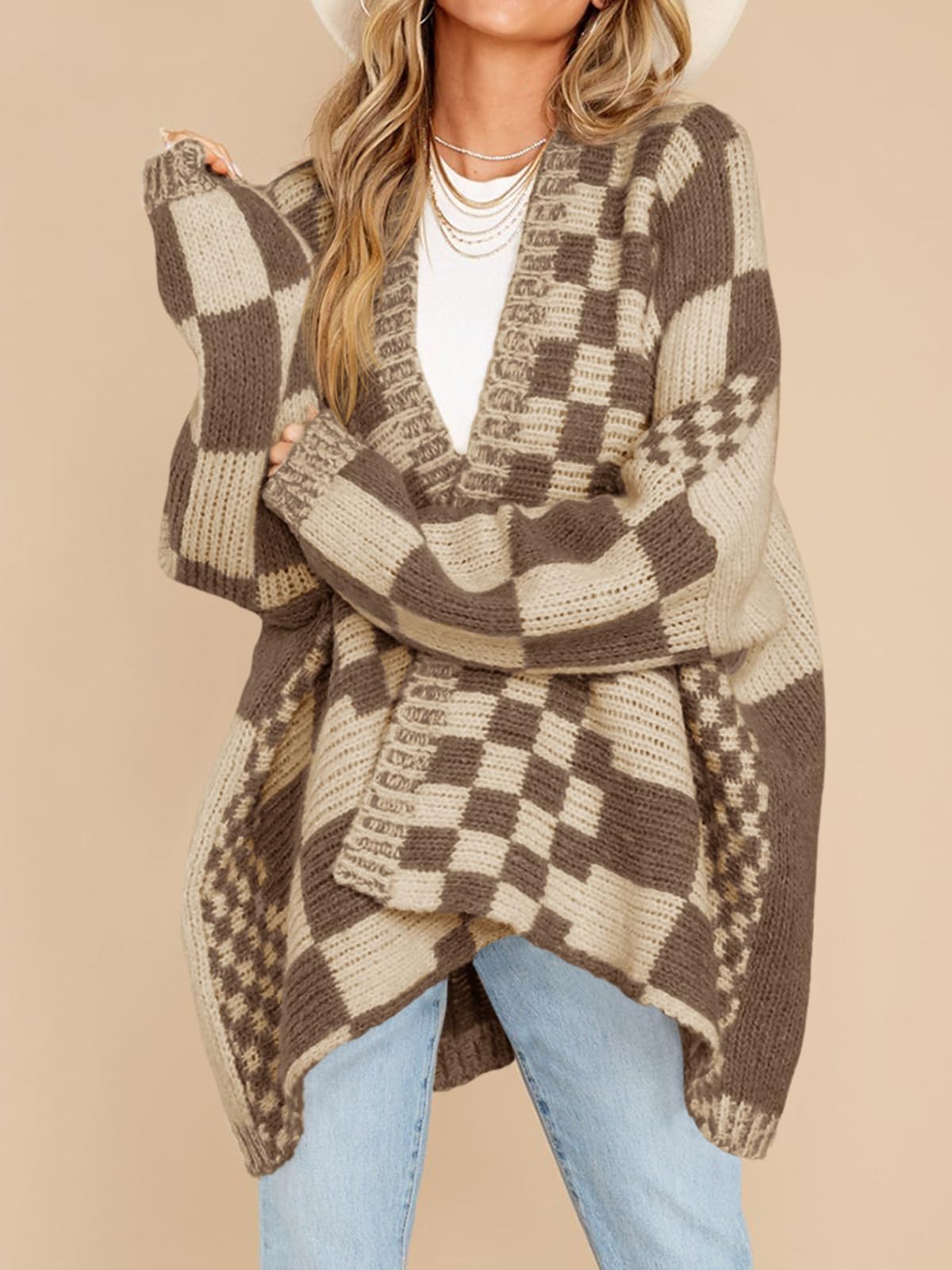 Womens Checkered Sweater Color Block Plaid Cardigans
