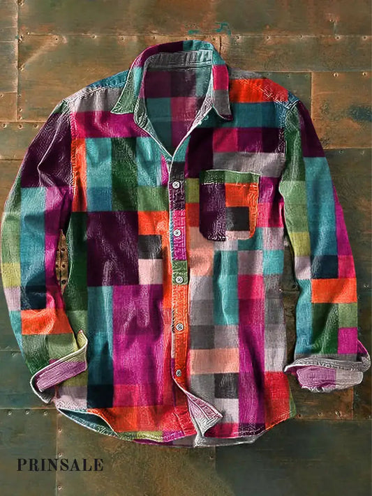 Unisex Simple Rainbow Color Plaid Vintage Printed Lapel Long Sleeve Pocket Shirt