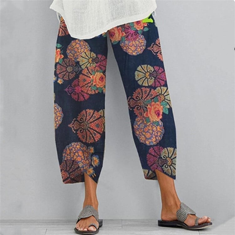 Women Printed Cotton Linen Wide Leg Drawstring Waist Capris Crop Pants